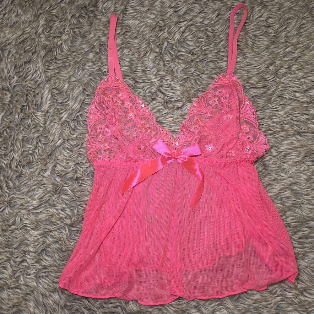 Pink Lace Babydoll Sequin Tank Top Size L Sheer Floral Bow Y2K Coquette Romantic